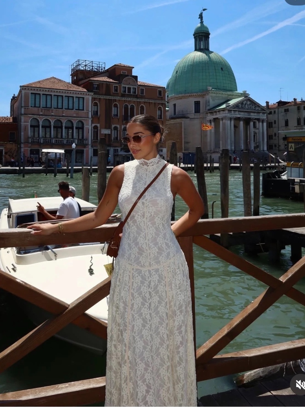 Zara White Lace Maxi Dress with High Neck